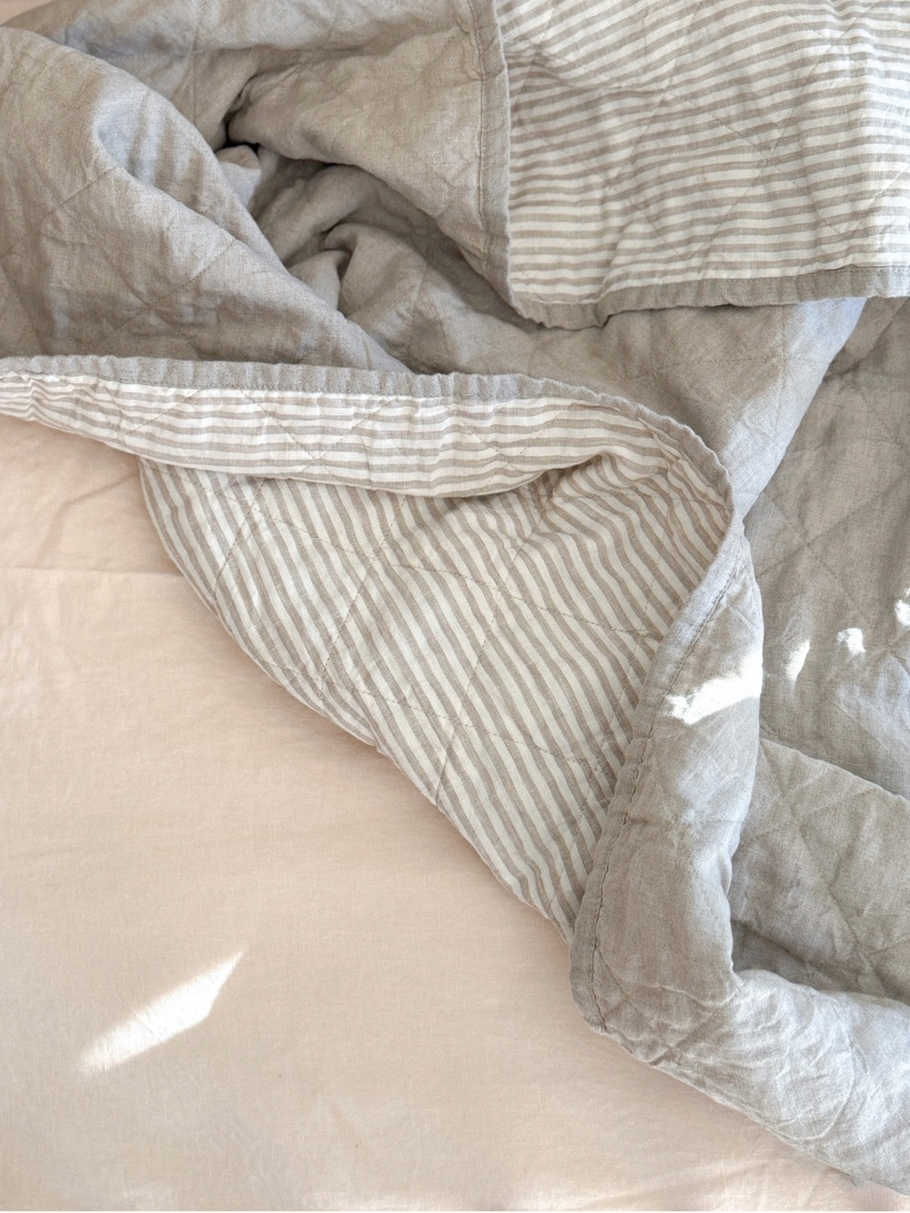 Queen size Soft Neutral Striped Reversible Linen Quilt - Gray